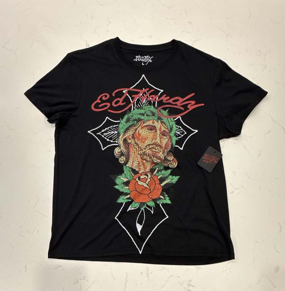 Ed Hardy Rhinestone Jesus Cross and Rose Graphic Short Sleeve Black T-Shirt